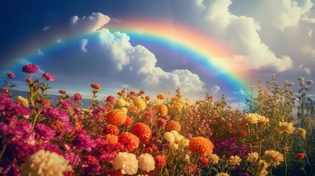 Blue sky clouds rainbow bright flowers brilliant sunlight AI Generated Image