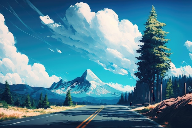 Голубое небо, пустая асфальтовая дорога и горный лесной пейзаж