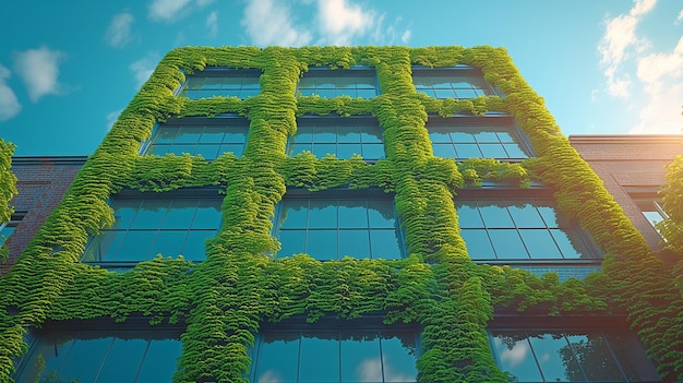 Blue sky and green ivy cover a glass building house