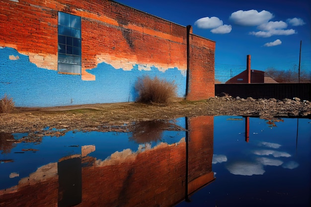 A blue sky and an industrial brick wall with a reflection in the water