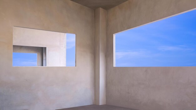 건설 현장의 현대 사무실 건물의 콘크리트 벽에 있는 창문 프레임 안의 파란 하늘