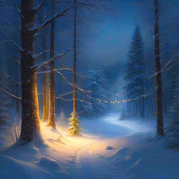 Blue sky into the snow dark forest tall trees generated by Ai