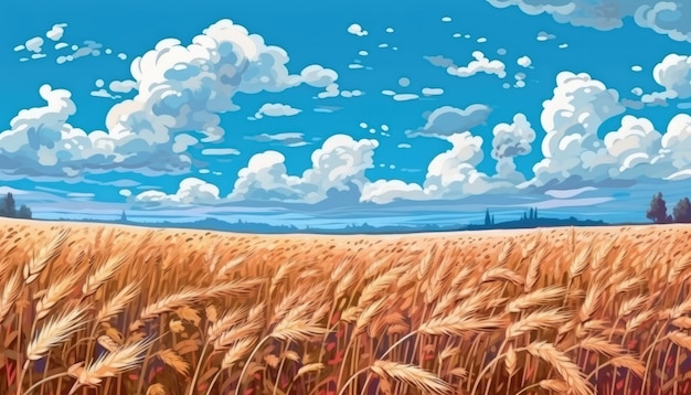 The blue sky is the backdrop to a field of ripe wheat in a beautiful illustration Generative AI