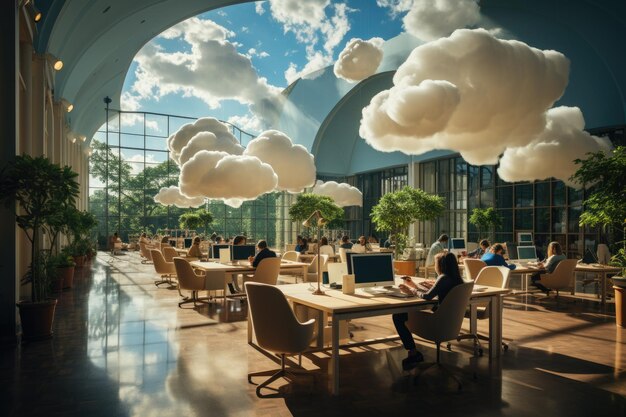 Фото Голубое небо современный офис и облако данных генеративный ia