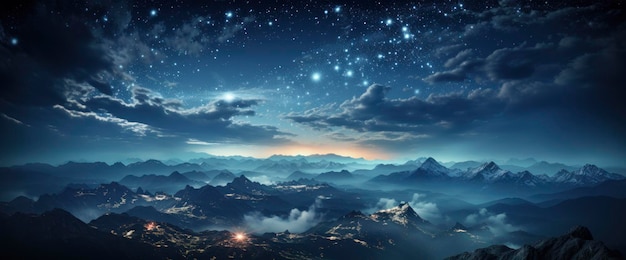 Голубое ночное небо Звезды Освещение Пейзаж Фон Баннер HD