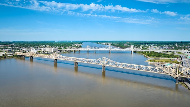 Blue sky over Ohio River two shores and four bridges aerial outside Louisville KY