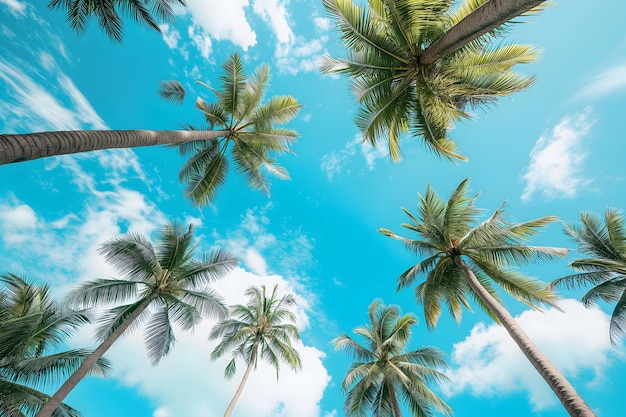 Blue sky and palm trees from below