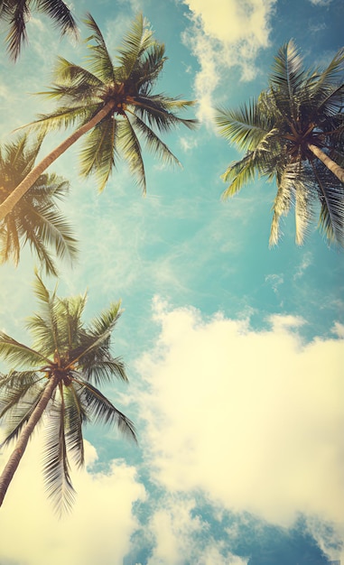 Blue sky and palm trees view from below vintage style tropical beach and summer background travel concept Generative AI