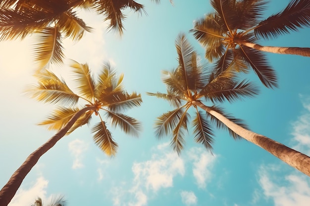 빈티지 스타일의 열대 해변과 여름 배경 여행 아래에서 푸른 하늘과 야자수가 보입니다.