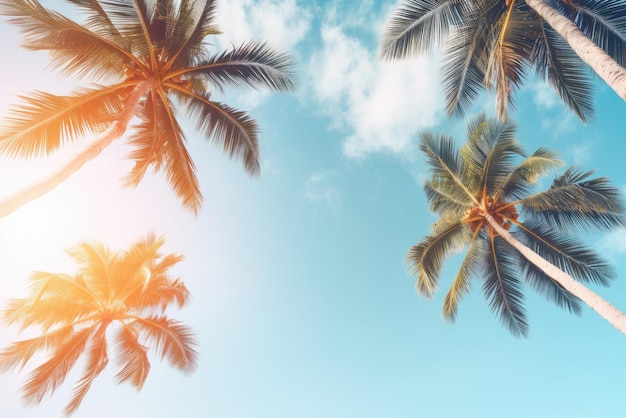 Голубое небо и пальмы вид снизу винтажный стиль тропический пляж и летний фон