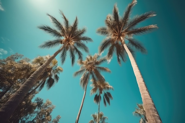 Blue sky and palm trees view from below vintage style