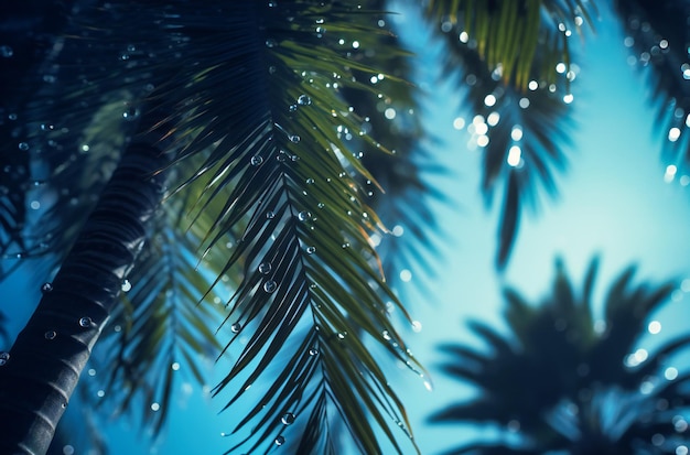 A blue sky and palm trees with dew