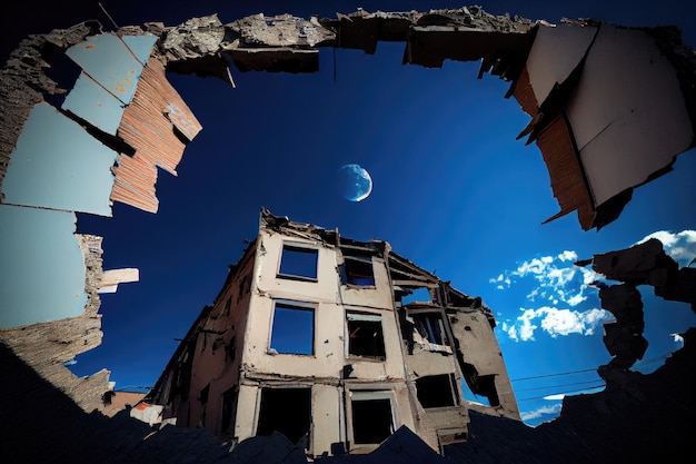 Blue sky above ruined residential buildings after aftermath earthquake created with generative ai