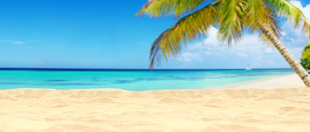 Blue sky and soft sand. Travel and summer vacation background.