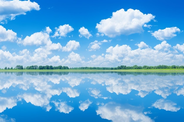 Photo blue sky and white clouds reflecting on the lake