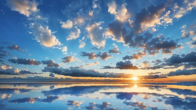 青い空と白い雲の夕日の反射