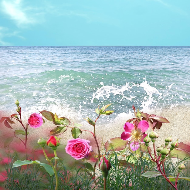 Photo blue sky white clouds  ummer  beach sand   sea water wave sunny day seascape tropica flowers