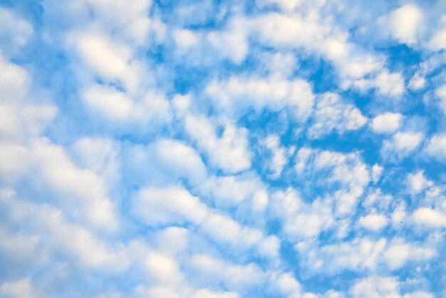 The blue sky and white fluffy clouds .