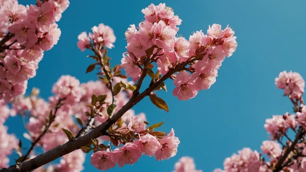 ピンクの木に麗で美しい花がく青い空