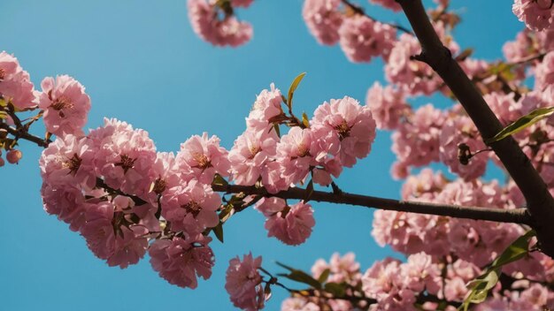 분홍색 나무에 아름답고 아름다운 꽃과 함께 파란 하늘