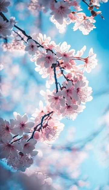 A blue sky with a branch of cherry blossoms