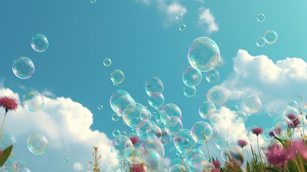 A blue sky with bubbles floating in the air