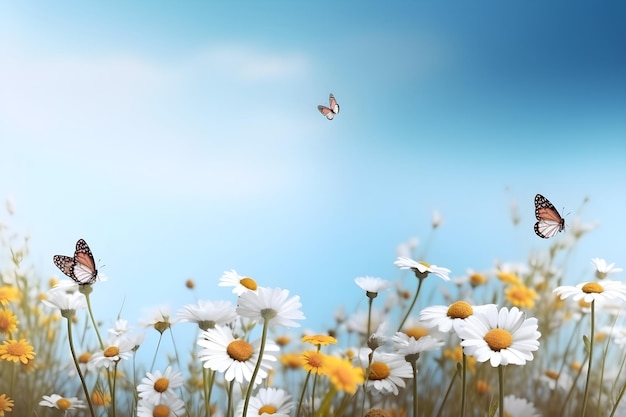 A blue sky with a butterfly flying over a field of daisies.