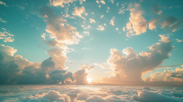 青い空と雲のグラデーション 浅い白い背景 美しい晴れた雲と日光のオレンジ色の光