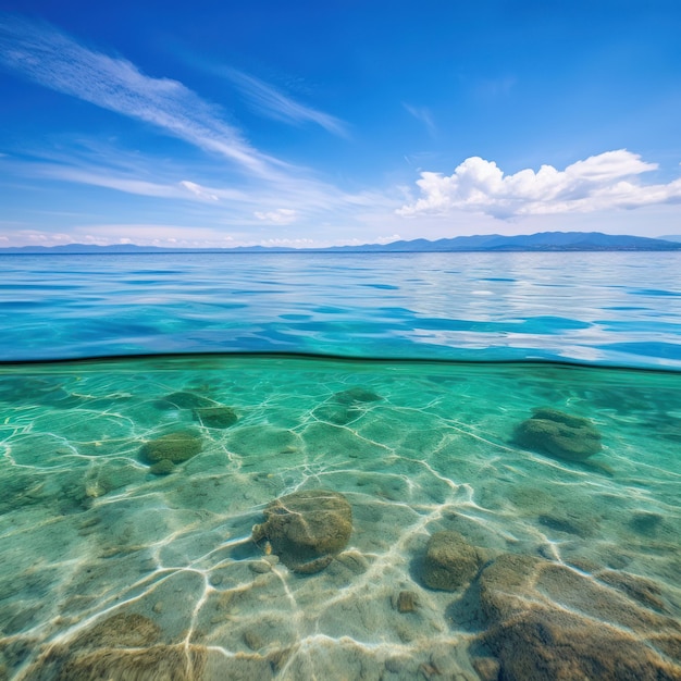 A blue sky with clouds and a clear water with a clear blue sky and a few clouds above