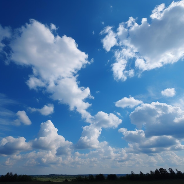 A blue sky with clouds and a few trees in the foreground.