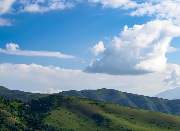 Blue sky with clouds over layers of green hills concept of nature and hills top copy space