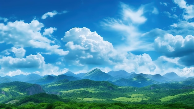 A blue sky with clouds and mountains in the background