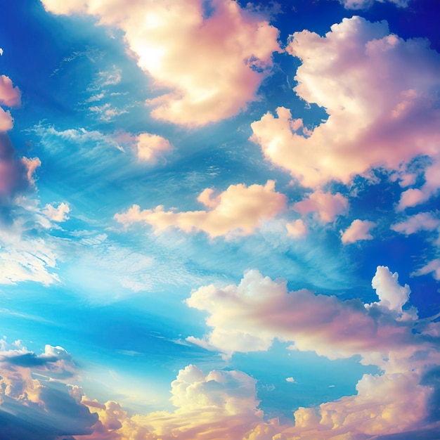 구름이 있는 푸른 하늘과 구름이라는 단어가 있는 분홍색과 푸른 하늘.