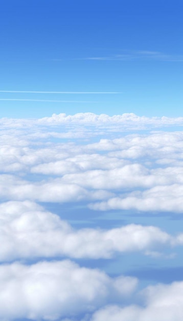 雲のある青い空とその上を飛ぶ飛行機