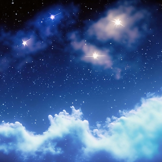 Голубое небо с облаками в звездную ночь, 3d иллюстрация