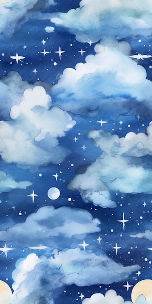 A blue sky with clouds and stars and the words " the moon " on it.