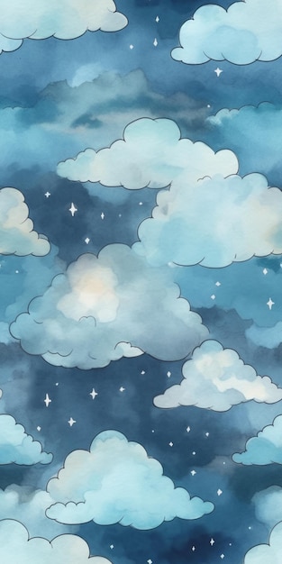 A blue sky with clouds and stars.