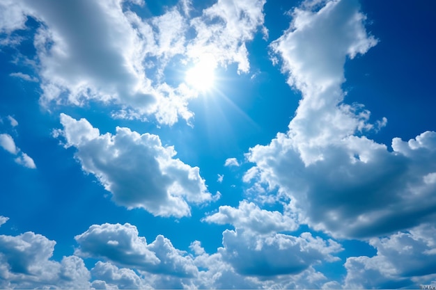 Голубое небо с облаками и фотографией солнца
