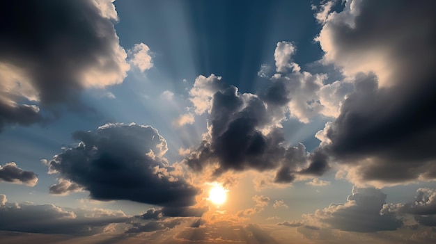 雲と太陽光線のある青い空。