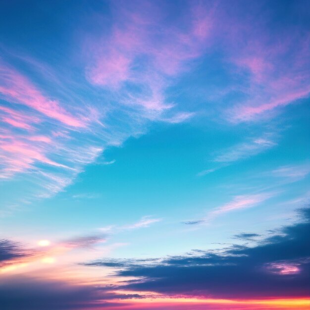 A blue sky with clouds and the sun