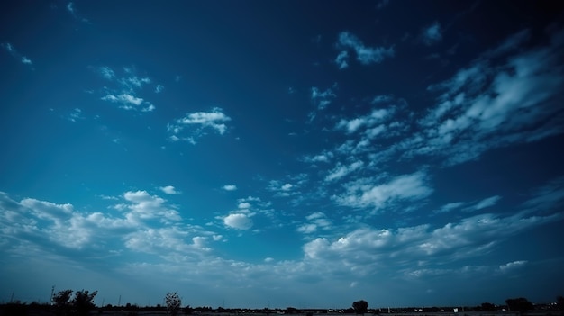 A blue sky with clouds and a tree in the foreground