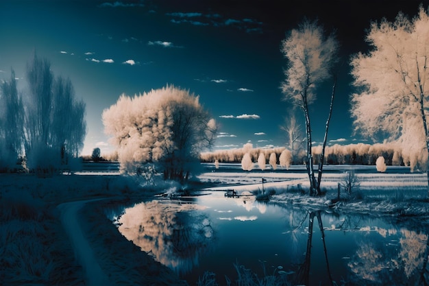 A blue sky with clouds and trees in the foreground and a pond in the background.