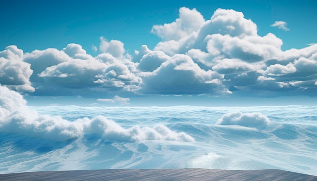 A blue sky with clouds and a wooden floor with a wooden bench on the top.