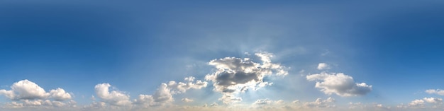 Blue sky with cumulus clouds as seamless hdri 360 panorama with zenith in spherical equirectangular projection may use for sky dome replacement in 3d graphics or game development and edit drone shot