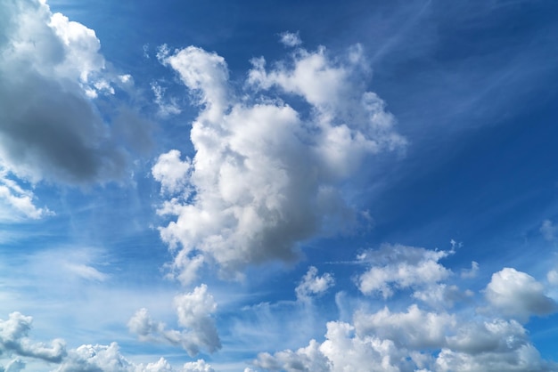 Blue sky with large and small white clouds of different shapes