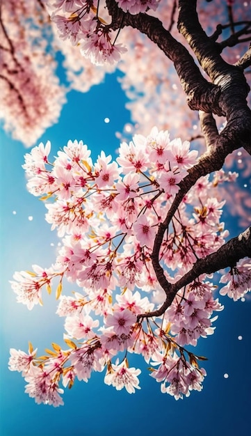 A blue sky with a picture of a cherry blossom tree