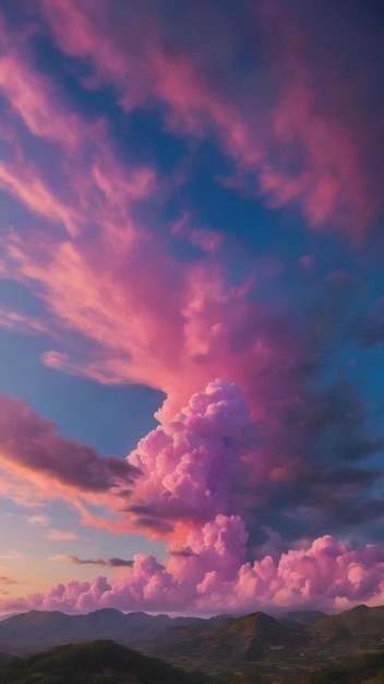 A blue sky with a pink and purple cloud