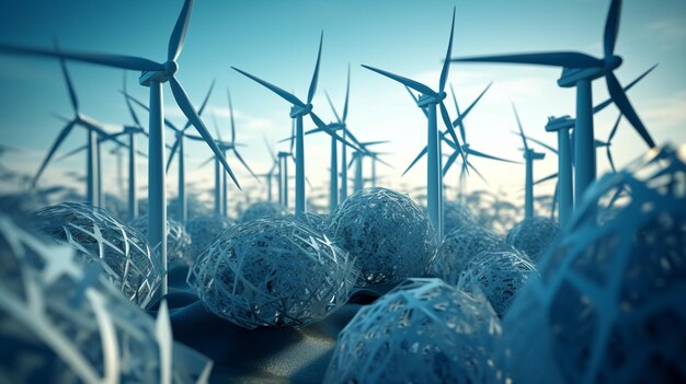 A blue sky with small glass balls of water and a wind farm.