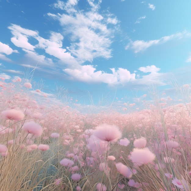 Blue sky with soft clouds above fields and flowers in soft pink tones beautiful nature background