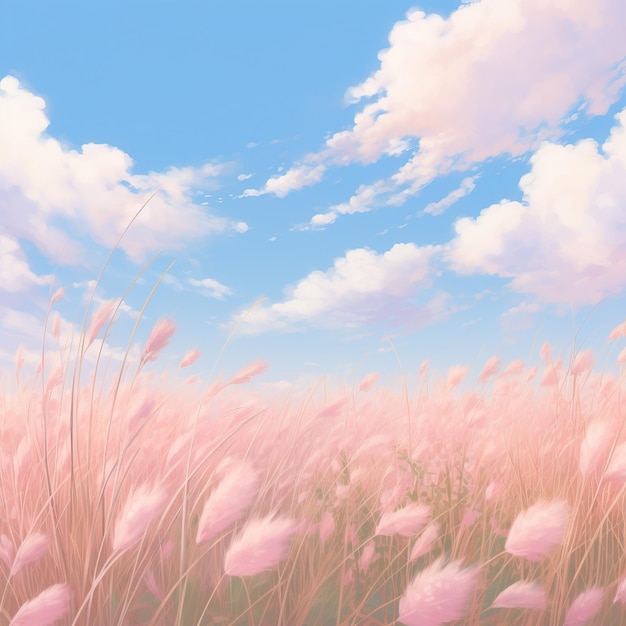 Blue sky with soft clouds above fields and flowers in soft pink tones beautiful nature background